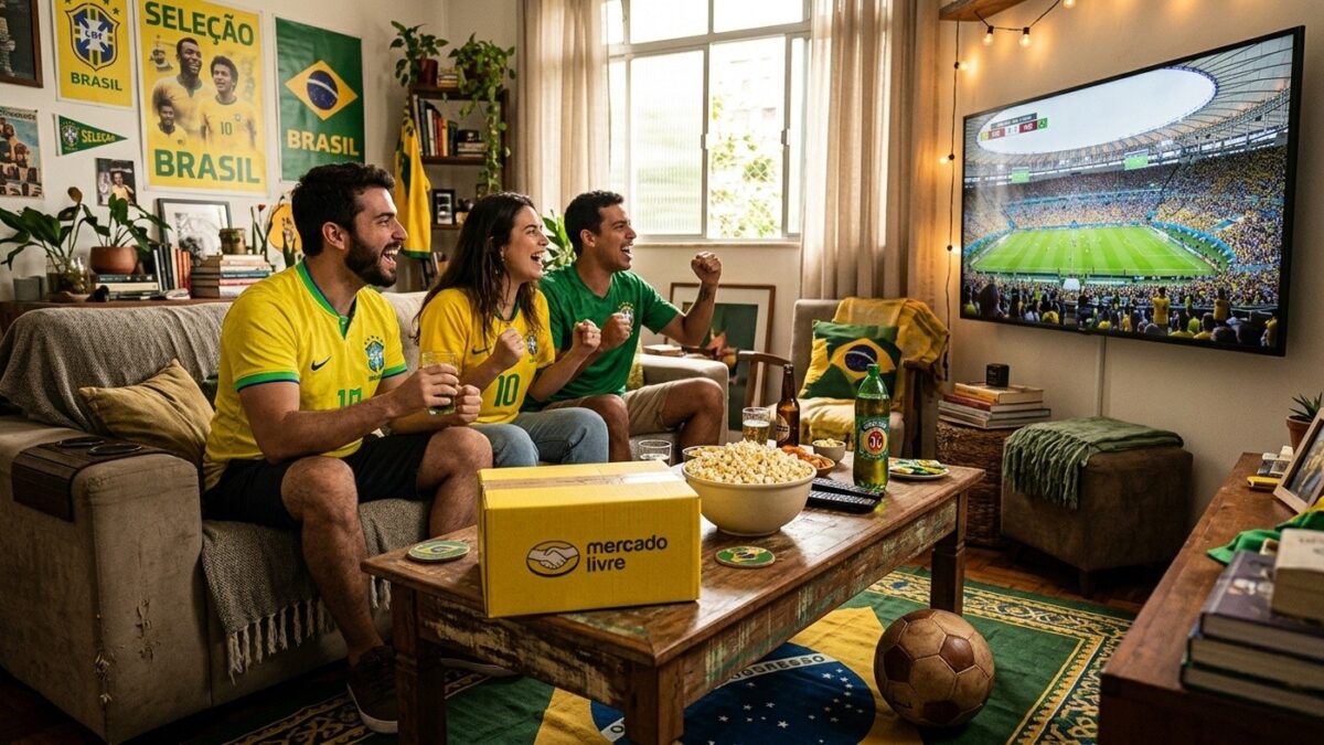 Torcedores reunidos na sala assistindo futebol com caixa de entrega do Mercado Livre na mesa