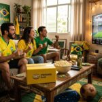 Torcedores reunidos na sala assistindo futebol com caixa de entrega do Mercado Livre na mesa