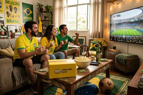 Torcedores reunidos na sala assistindo futebol com caixa de entrega do Mercado Livre na mesa