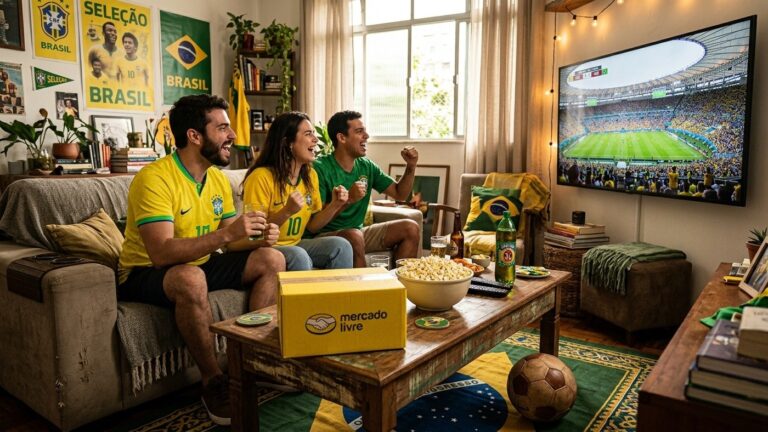 Torcedores reunidos na sala assistindo futebol com caixa de entrega do Mercado Livre na mesa
