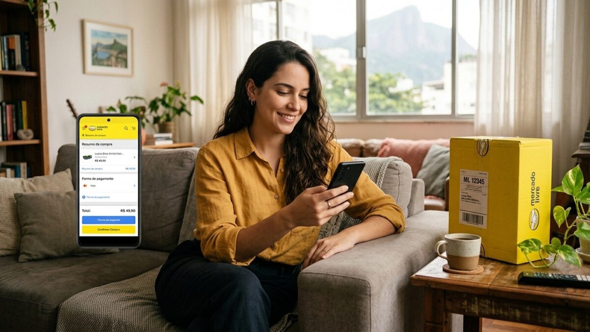 Mulher sorridente no sofá segurando celular com tela de pagamento do Mercado Livre ao lado de caixa de entrega