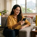Mulher sorridente no sofá segurando celular com tela de pagamento do Mercado Livre ao lado de caixa de entrega