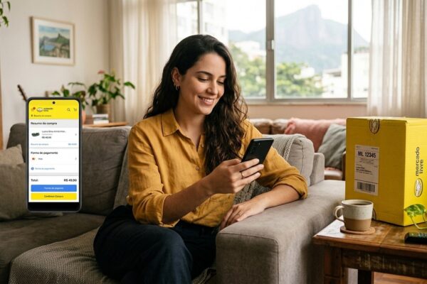 Mulher sorridente no sofá segurando celular com tela de pagamento do Mercado Livre ao lado de caixa de entrega