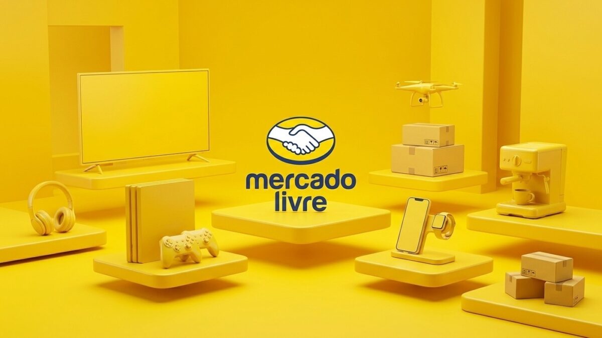 Produtos em destaque no Mercado Livre com videogame, fones e caixas de entrega rápida