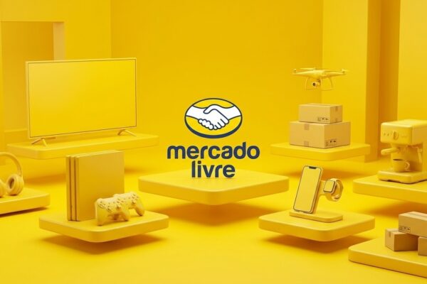 Produtos em destaque no Mercado Livre com videogame, fones e caixas de entrega rápida