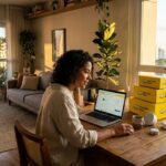 Mulher no notebook em mesa de madeira com caixas amarelas de entrega do Mercado Livre ao lado