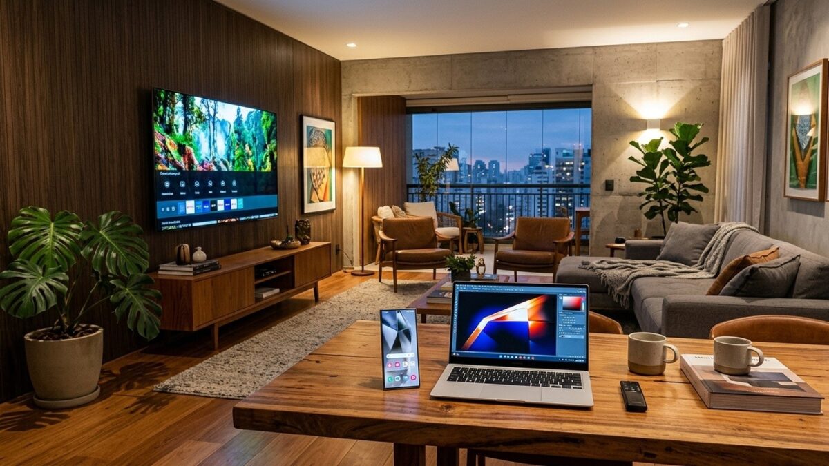 Ecossistema Samsung com smart TV na parede, notebook Galaxy Book e smartphone Galaxy na mesa