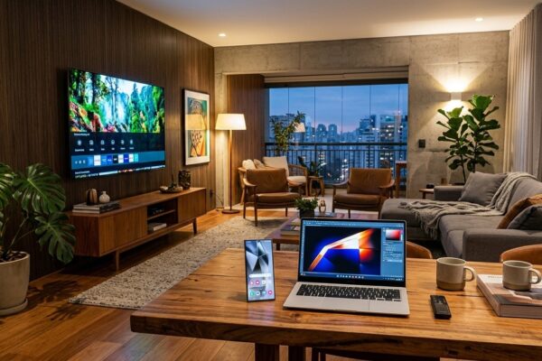 Ecossistema Samsung com smart TV na parede, notebook Galaxy Book e smartphone Galaxy na mesa