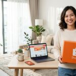 Mulher segurando caixa de entrega da Shopee com notebook ao lado em compras promocionais