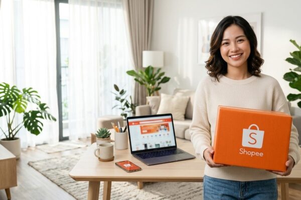 Mulher segurando caixa de entrega da Shopee com notebook ao lado em compras promocionais
