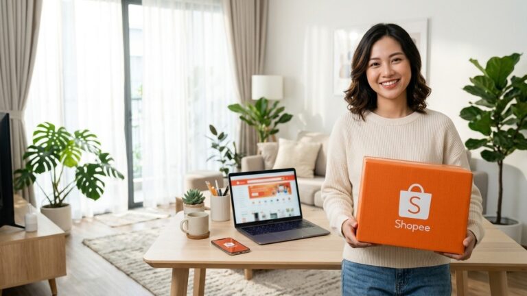 Mulher segurando caixa de entrega da Shopee com notebook ao lado em compras promocionais