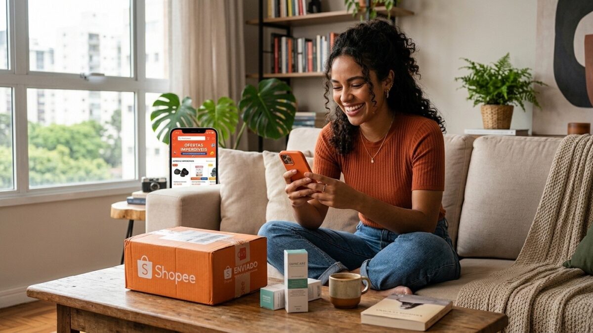 Jovem navegando no aplicativo da Shopee sentada no sofá com caixa de entrega laranja na mesa