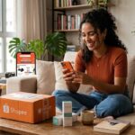 Jovem navegando no aplicativo da Shopee sentada no sofá com caixa de entrega laranja na mesa