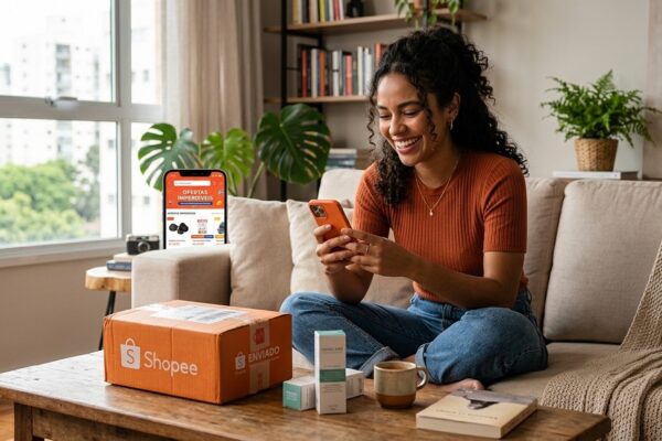 Jovem navegando no aplicativo da Shopee sentada no sofá com caixa de entrega laranja na mesa