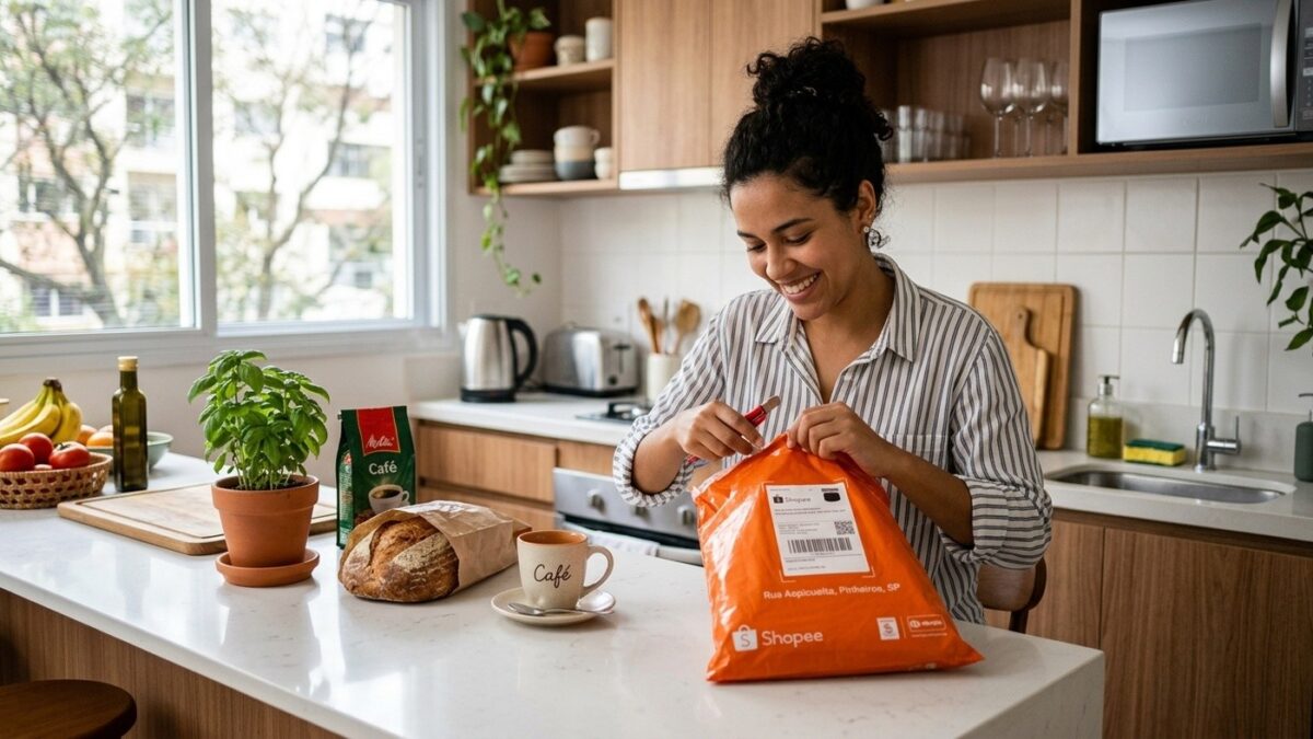 Mulher sorridente na cozinha abrindo pacote de entrega laranja da Shopee com café e pão sobre a bancada