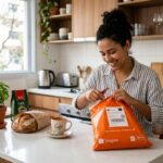 Mulher sorridente na cozinha abrindo pacote de entrega laranja da Shopee com café e pão sobre a bancada