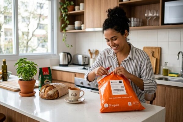 Mulher sorridente na cozinha abrindo pacote de entrega laranja da Shopee com café e pão sobre a bancada