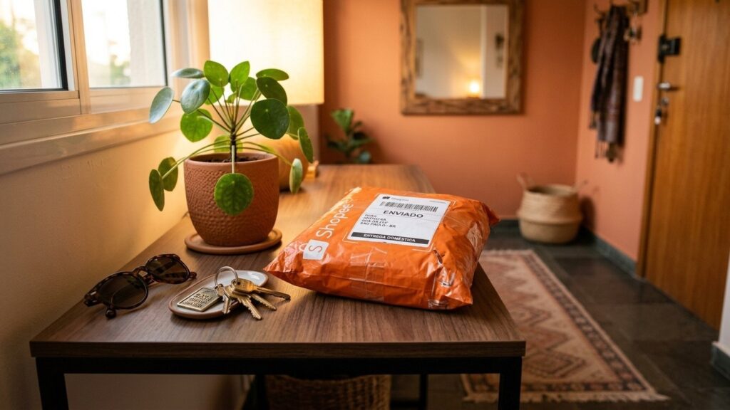 Pacote de entrega laranja da Shopee sobre móvel de entrada de madeira ao lado de chaves e planta