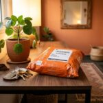 Pacote de entrega laranja da Shopee sobre móvel de entrada de madeira ao lado de chaves e planta