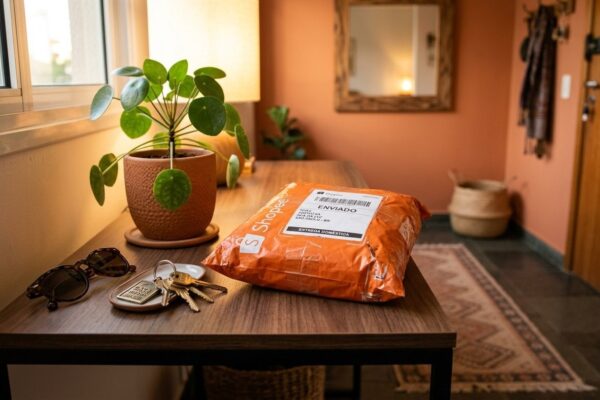 Pacote de entrega laranja da Shopee sobre móvel de entrada de madeira ao lado de chaves e planta
