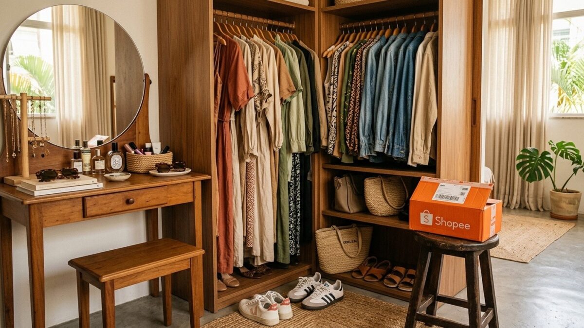 Closet de madeira elegante com roupas penduradas, tênis no chão e caixa de entrega laranja da Shopee
