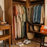 Closet de madeira elegante com roupas penduradas, tênis no chão e caixa de entrega laranja da Shopee