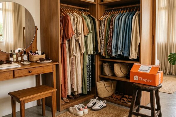 Closet de madeira elegante com roupas penduradas, tênis no chão e caixa de entrega laranja da Shopee