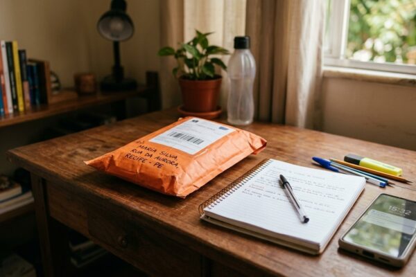Envelope de entrega laranja da Shopee sobre mesa de estudos com caderno, canetas e smartphone