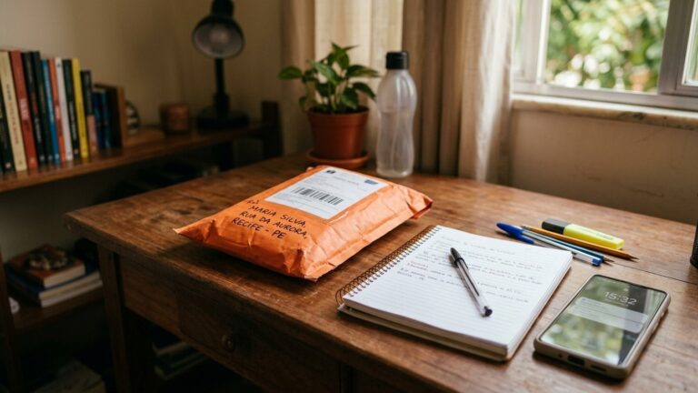 Envelope de entrega laranja da Shopee sobre mesa de estudos com caderno, canetas e smartphone