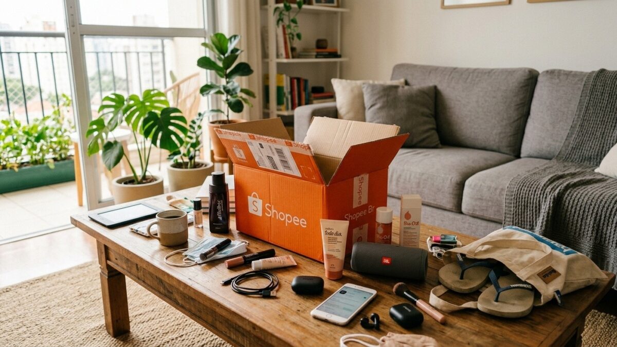 Caixa laranja da Shopee aberta sobre mesa de madeira com produtos variados e sala iluminada ao fundo