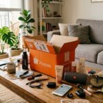 Caixa laranja da Shopee aberta sobre mesa de madeira com produtos variados e sala iluminada ao fundo