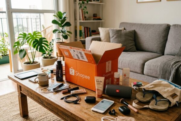 Caixa laranja da Shopee aberta sobre mesa de madeira com produtos variados e sala iluminada ao fundo