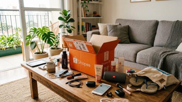 Caixa laranja da Shopee aberta sobre mesa de madeira com produtos variados e sala iluminada ao fundo