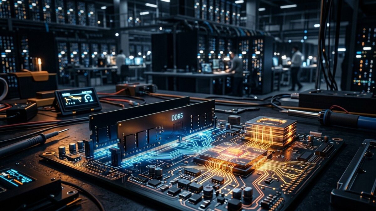 Módulos de memória RAM DDR5 e chips semicondutores HBM em bancada de testes com data center ao fundo