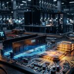 Módulos de memória RAM DDR5 e chips semicondutores HBM em bancada de testes com data center ao fundo