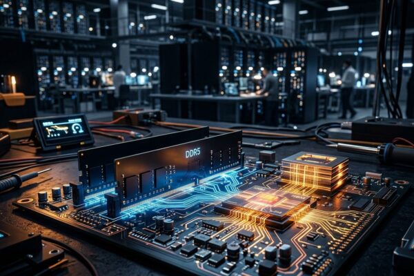 Módulos de memória RAM DDR5 e chips semicondutores HBM em bancada de testes com data center ao fundo