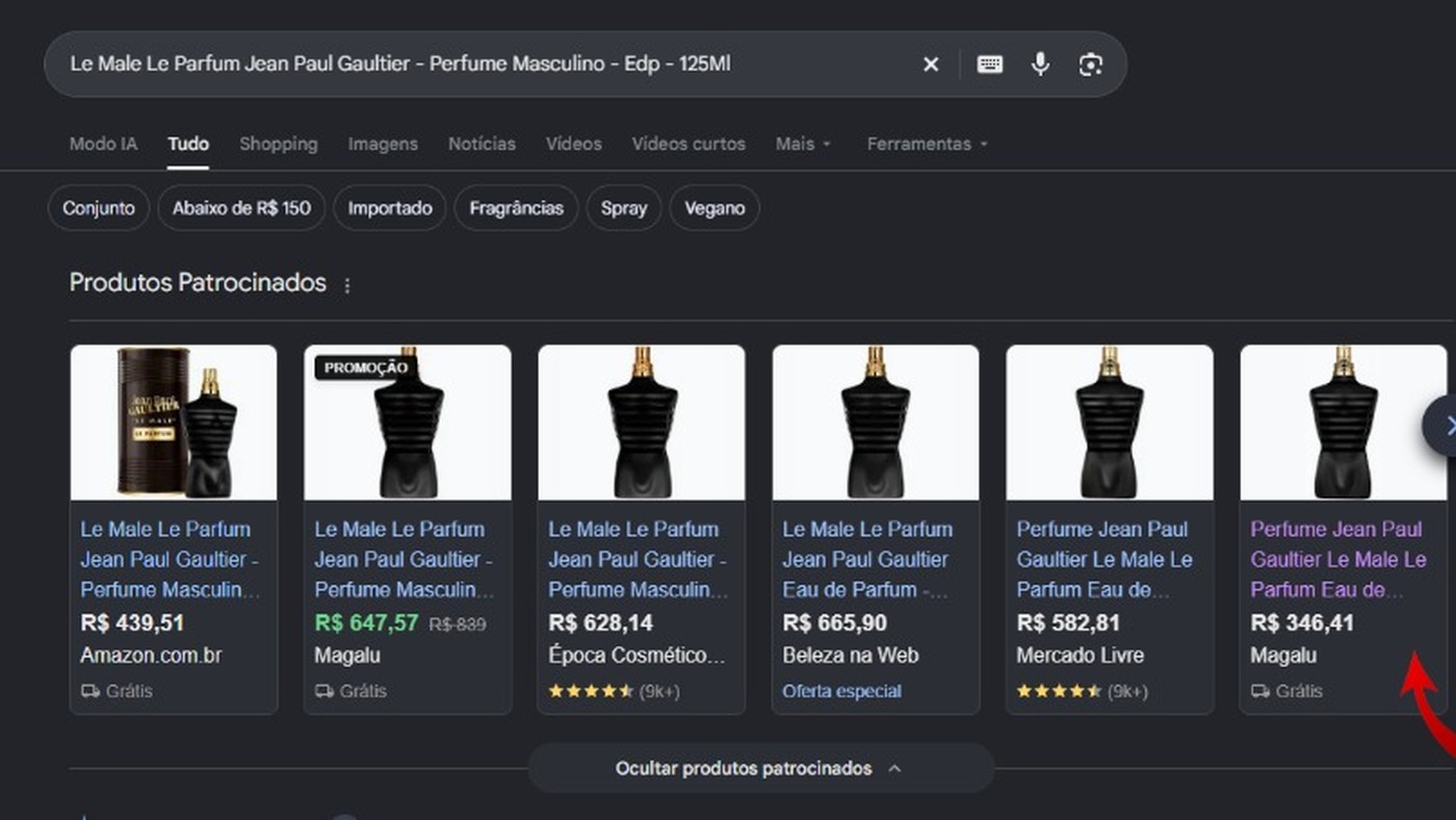 Anúncio patrocinado falso do Magalu no carrossel do Google Shopping