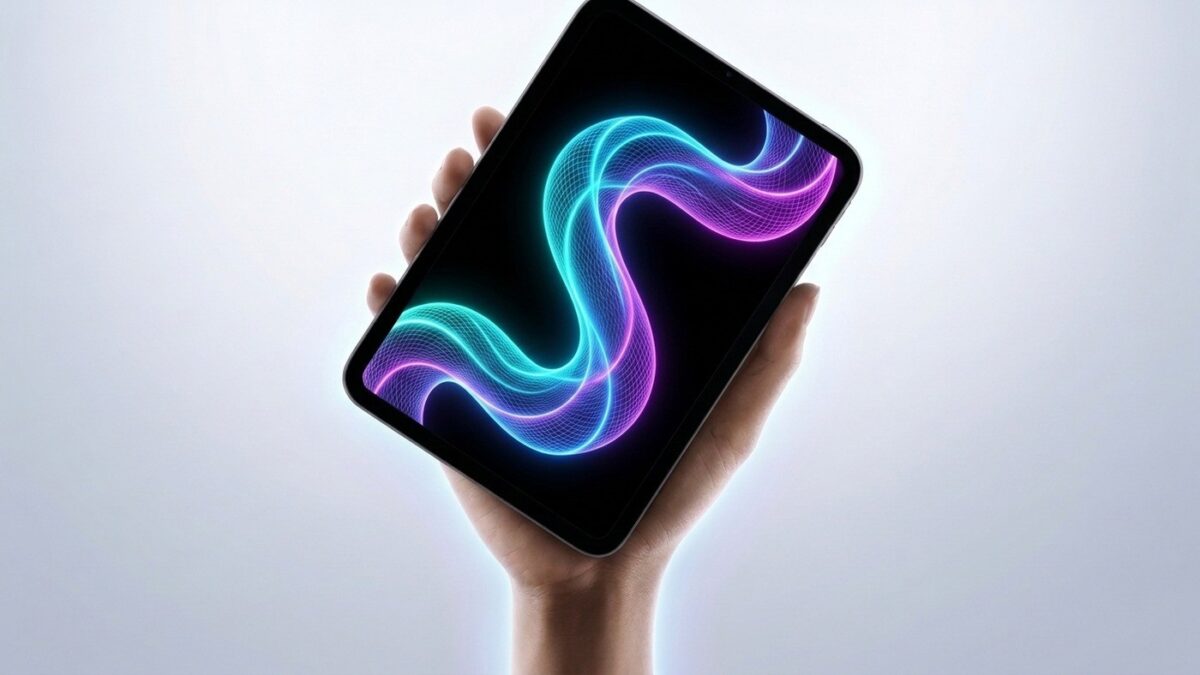 Tablet Apple iPad mini 8 sendo segurado na mão com detalhes de bateria