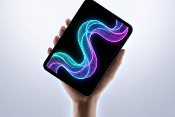 Tablet Apple iPad mini 8 sendo segurado na mão com detalhes de bateria