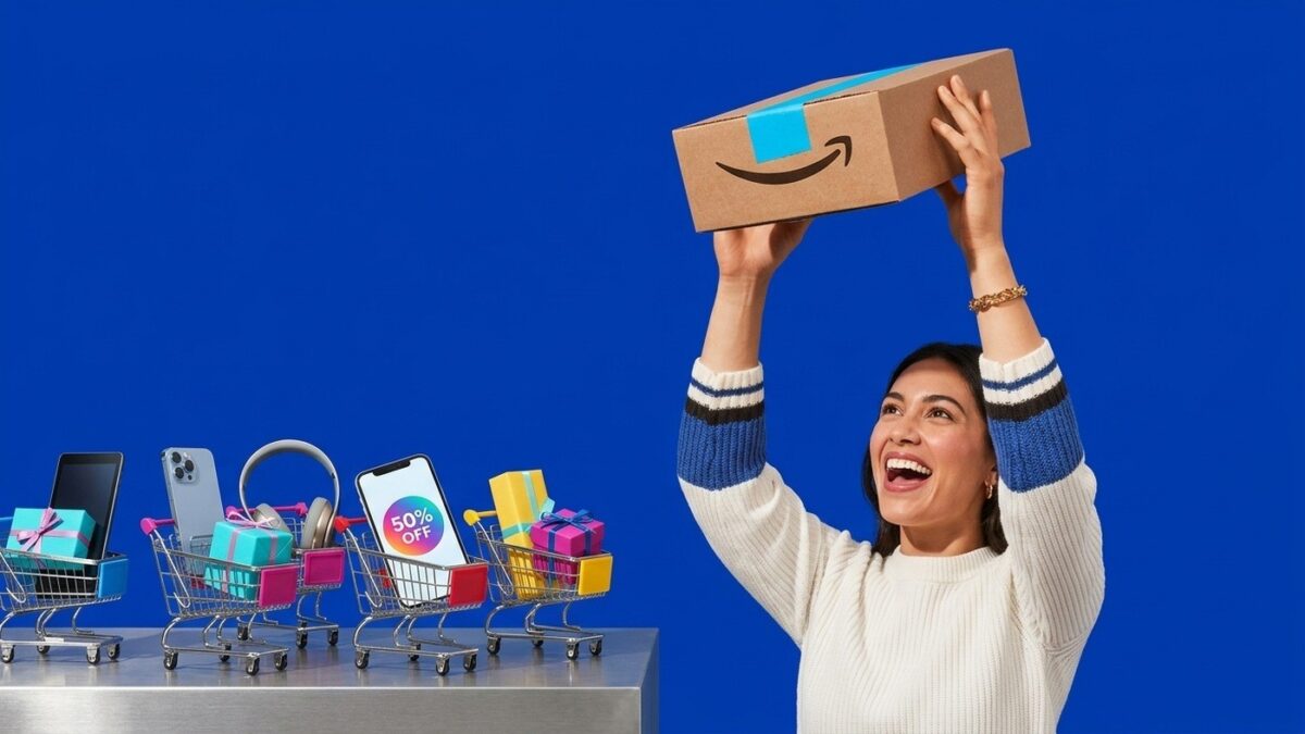 Caixas de entrega Amazon Prime com laço azul e smartphone exibindo cupons de desconto