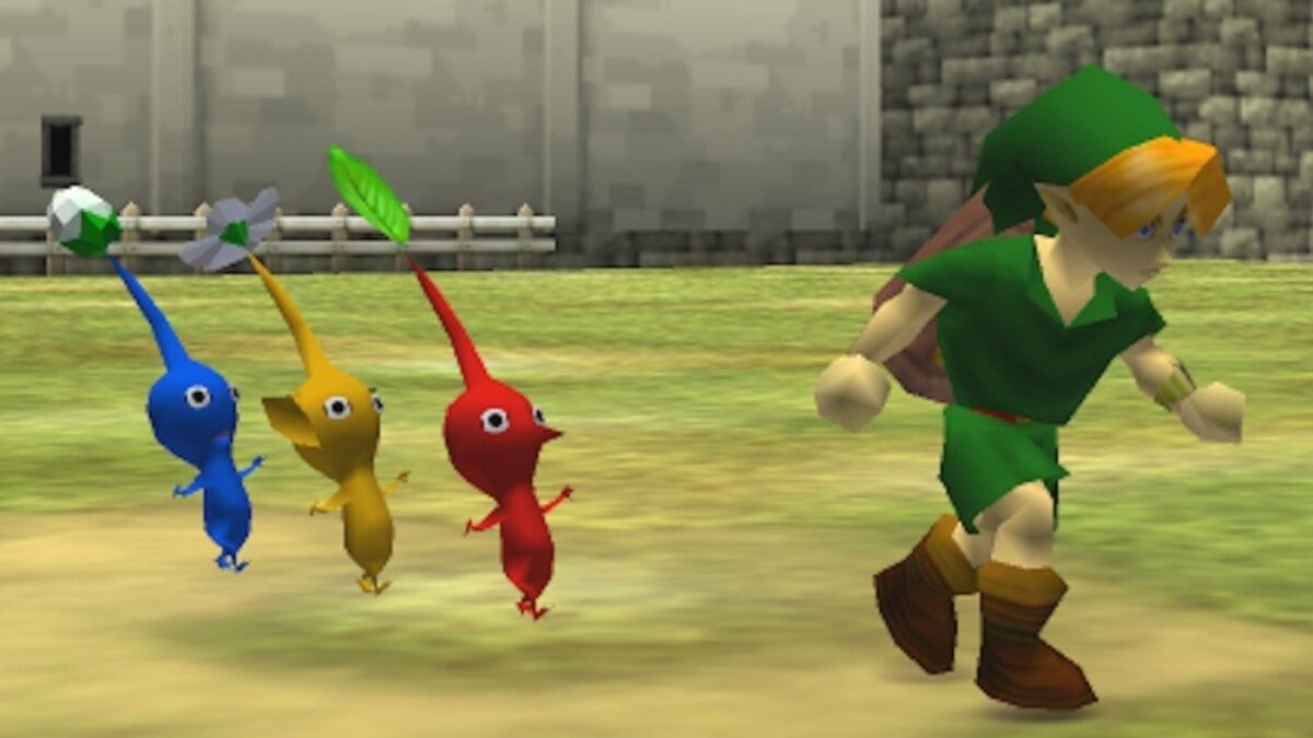 Link jovem cercado por exército de Pikmin coloridos nos campos de Hyrule