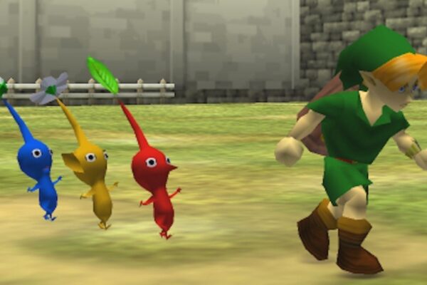 Link jovem cercado por exército de Pikmin coloridos nos campos de Hyrule