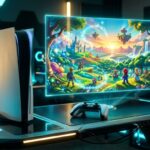 Console PlayStation 5 e controle DualSense com tela holográfica exibindo jogos em 4K