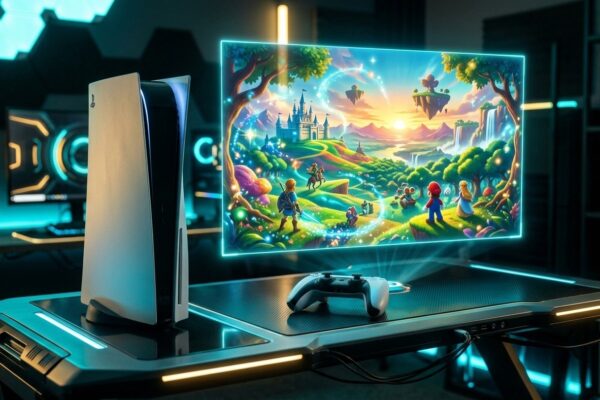 Console PlayStation 5 e controle DualSense com tela holográfica exibindo jogos em 4K