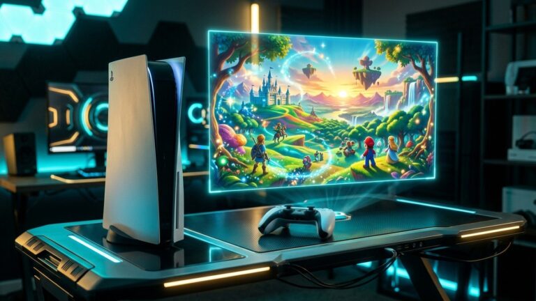 Console PlayStation 5 e controle DualSense com tela holográfica exibindo jogos em 4K